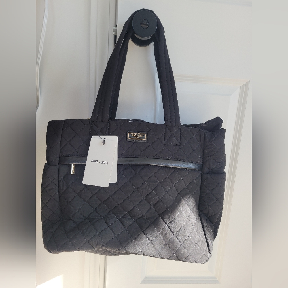 Saint & Sofia Marina Quilted Shopper Bag In Black With Gold Trim